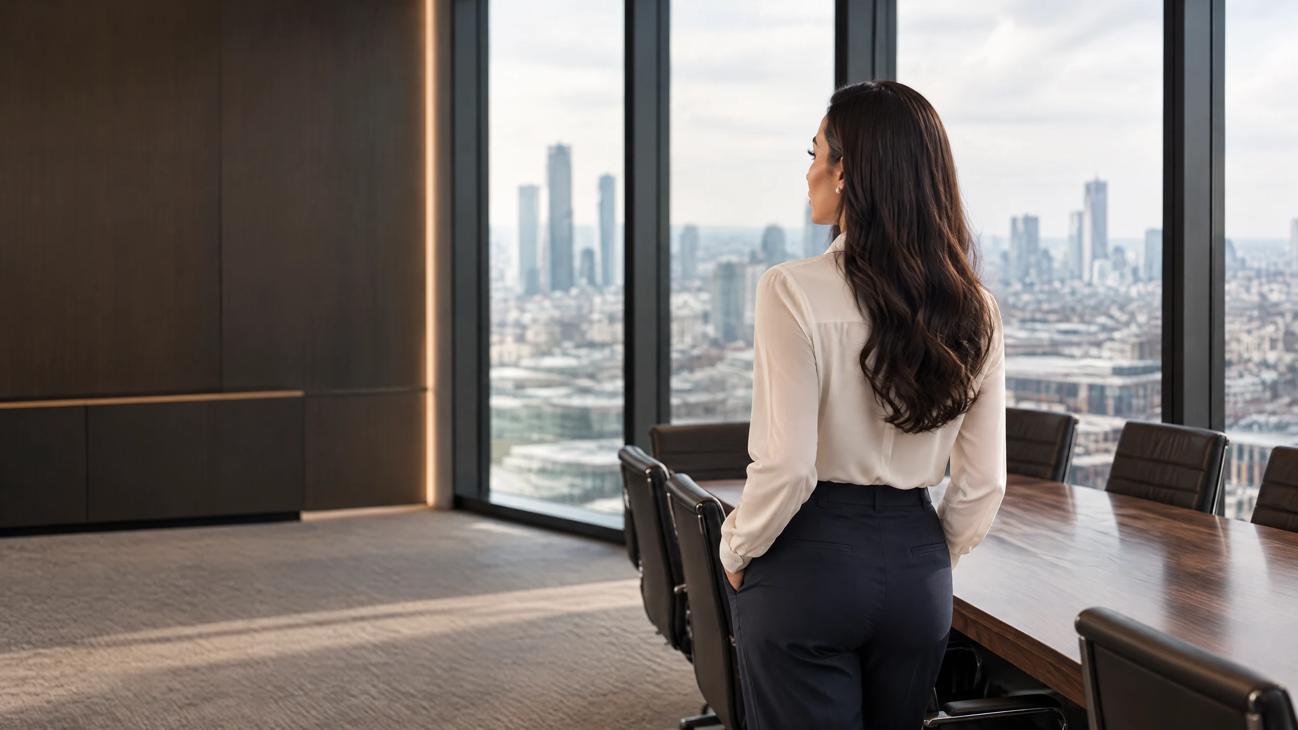 Executive looking across the city from a boardroom