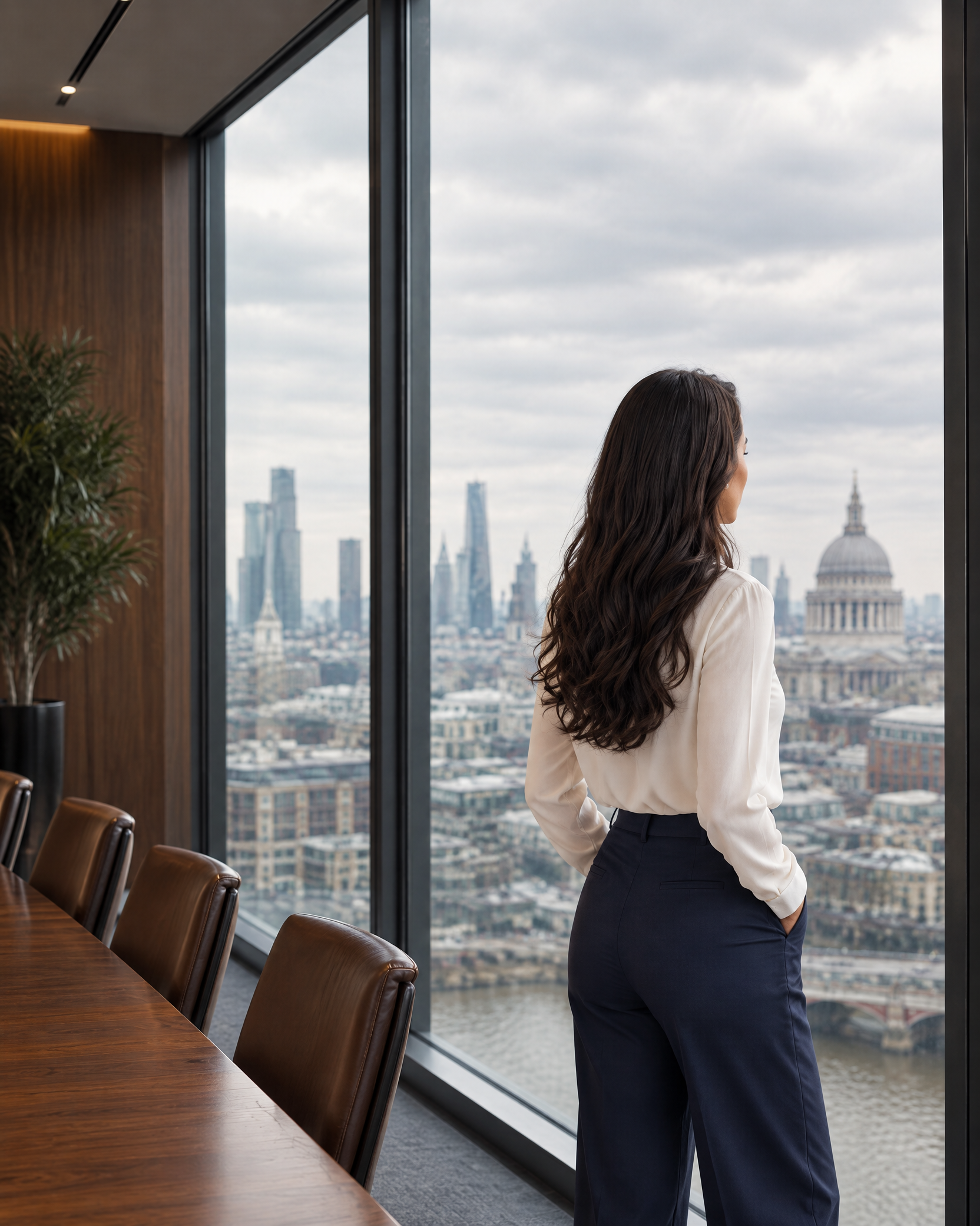 Senior consultant considering a search strategy in a London boardroom
